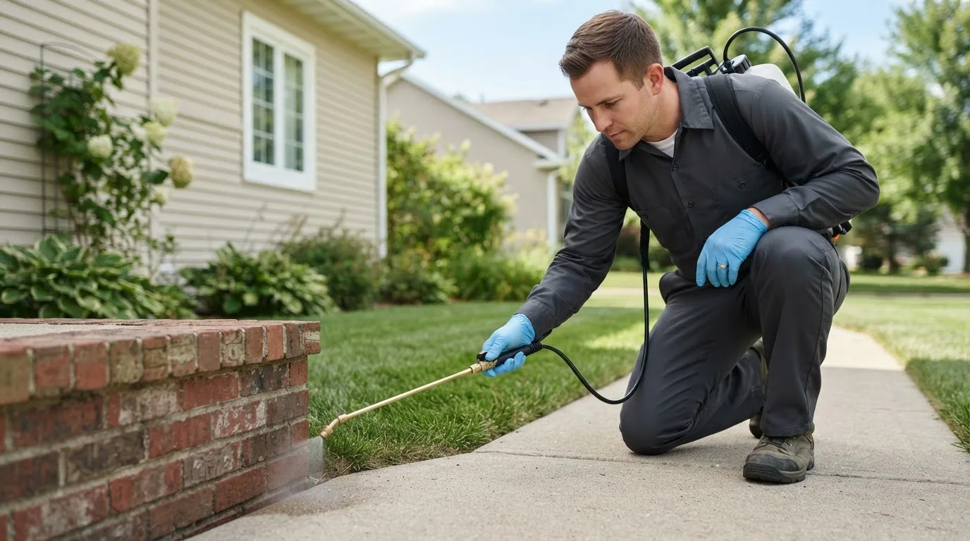 Pest control technician treating a home near Bainville, MT